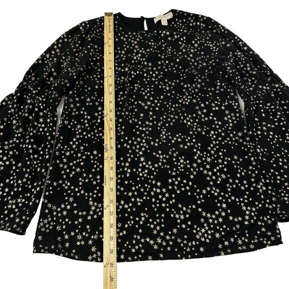 Michael Kors Black Gold Glitter Stars Flare Long Sleeve Blouse Top Shirt Xs - Picture 3 of 11